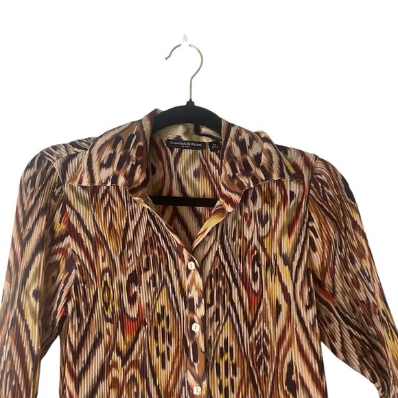 Essentials Milano PM Ikat Retro Trippy Hippie Long Sleeve Flutter Button Blouse‎ - Picture 2 of 9